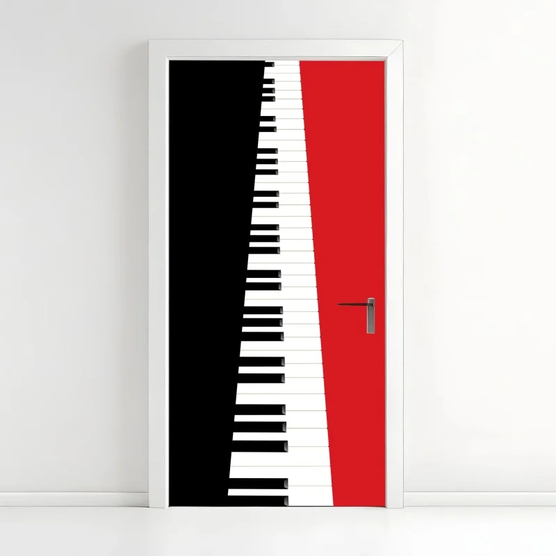 Adesivo per porta tastiera di pianoforte minimalista su sfondo rosso e nero