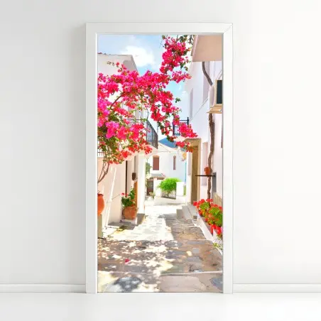 Adesivo per porta vicolo fiorito al sole • Wallissimo®