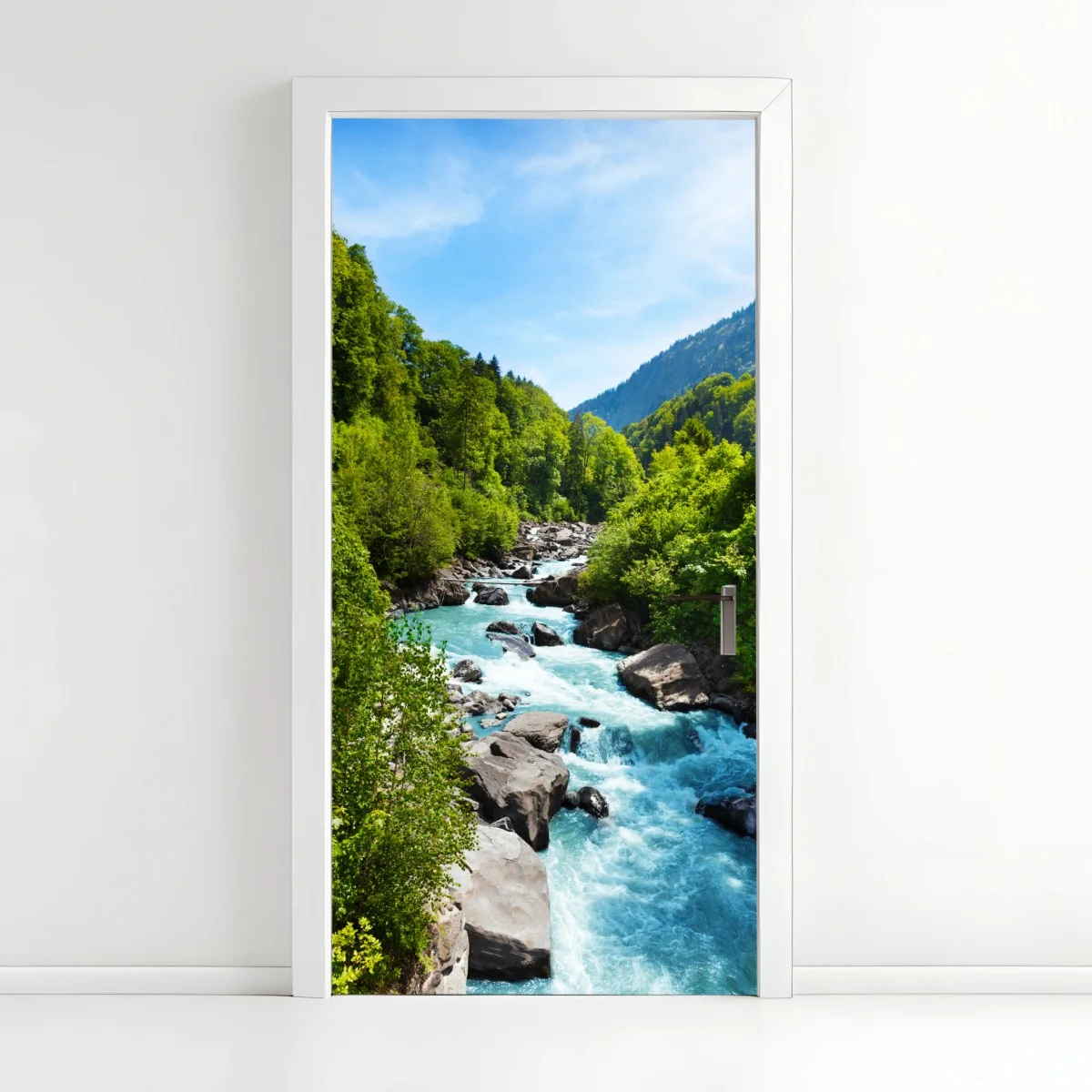 Adesivo per porta fiume di montagna turchese tra le rocce • Wallissimo® Adesivo per porta fiume di montagna turchese tra le rocce • Wallissimo®