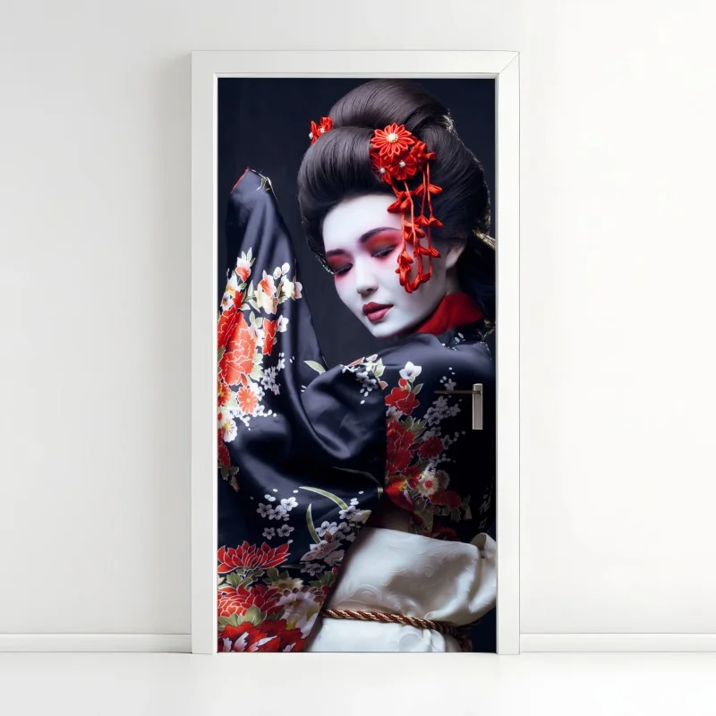 Adesivo per porta eleganza di una geisha in kimono floreale