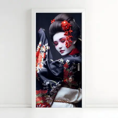 Adesivo per porta eleganza di una geisha in kimono floreale • Wallissimo®