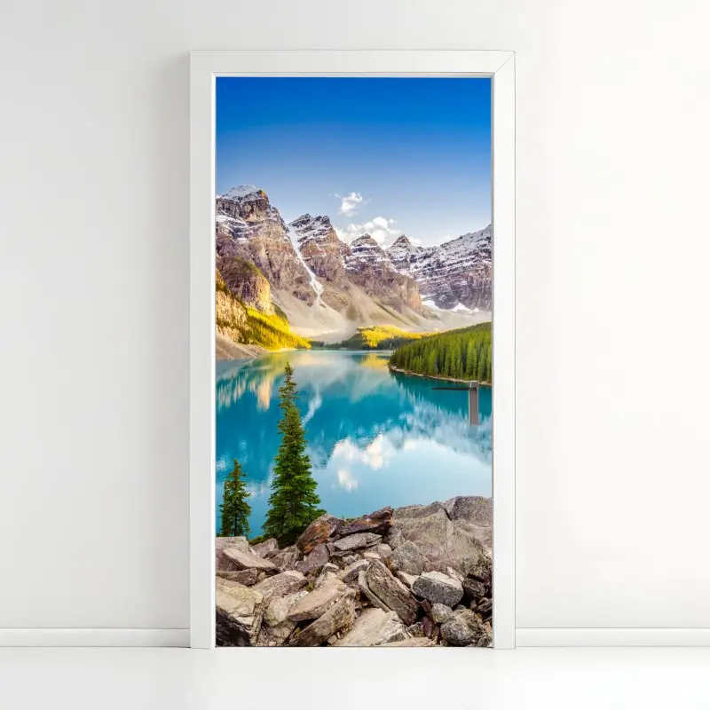 Adesivo per porta riflessi turchesi di Moraine Lake al tramonto