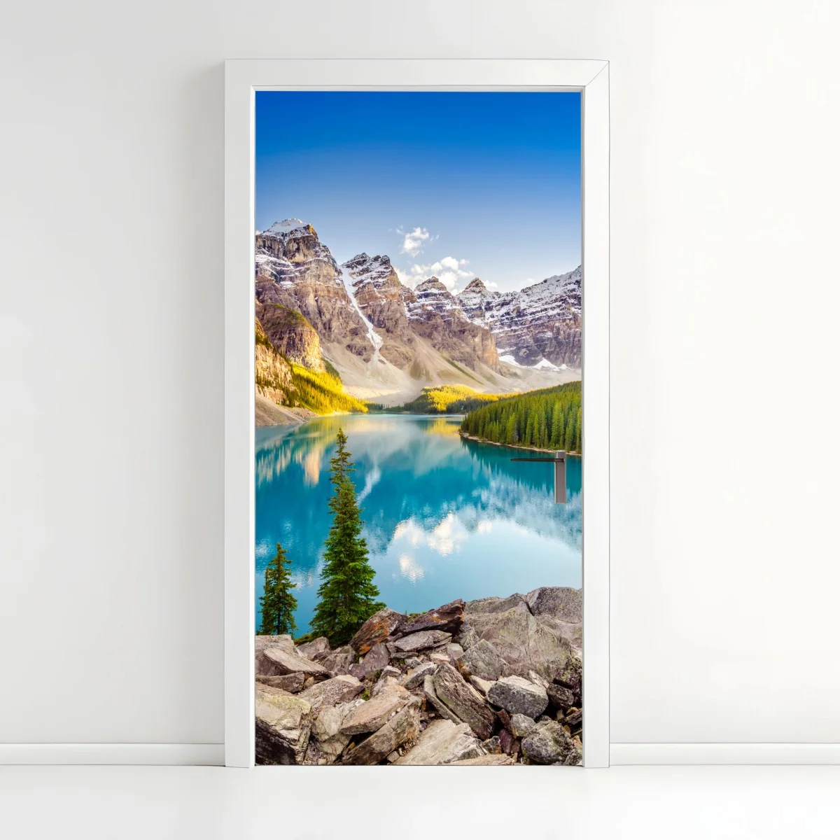 Adesivo per porta riflessi turchesi di Moraine Lake al tramonto • Wallissimo® Adesivo per porta riflessi turchesi di Moraine Lake al tramonto • Wallissimo®