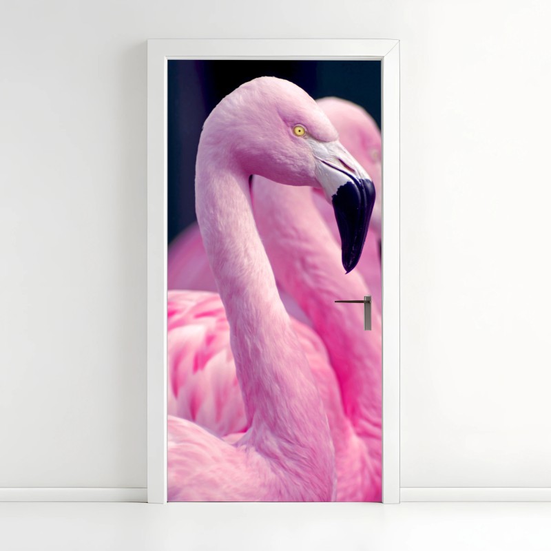 Adesivo per porta eleganza rosa: profilo di fenicotteri