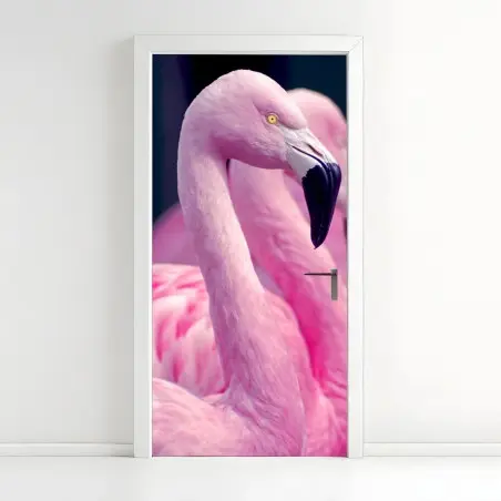 Adesivo per porta eleganza rosa: profilo di fenicotteri • Wallissimo®