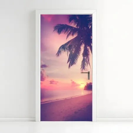 Adesivo per porta tramonto tropicale con palme • Wallissimo®