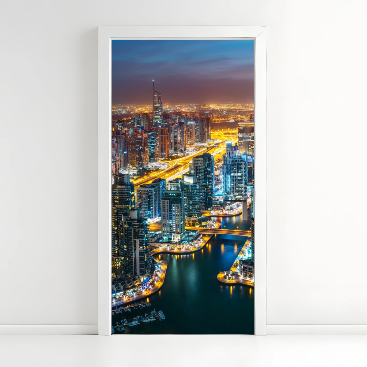 Adesivo per porta vista notturna di Dubai Marina • Wallissimo®