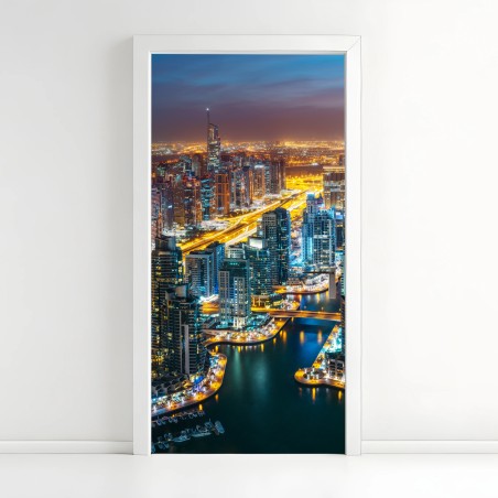 Adesivo per porta vista notturna di Dubai Marina • Wallissimo®