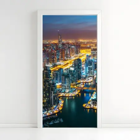 Adesivo per porta vista notturna di Dubai Marina • Wallissimo®