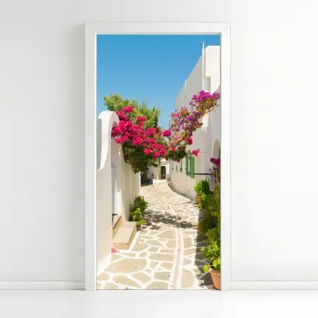 Adesivo per porta angolo mediterraneo con bouganvillea in fiore • Wallissimo®