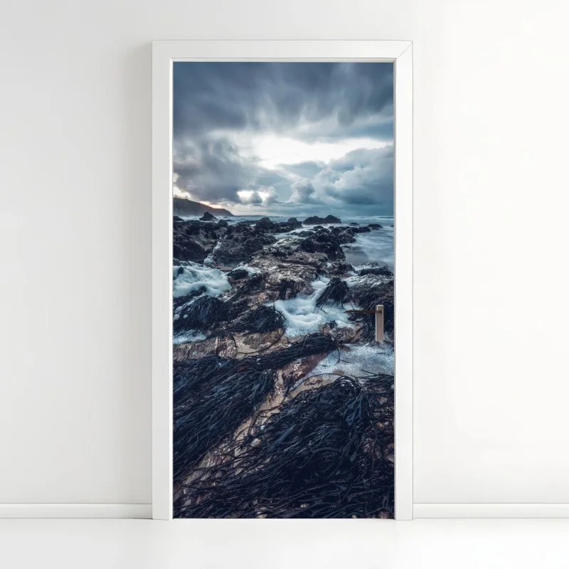 Adesivo per porta costa tempestosa: fascino selvaggio sul bagnasciuga