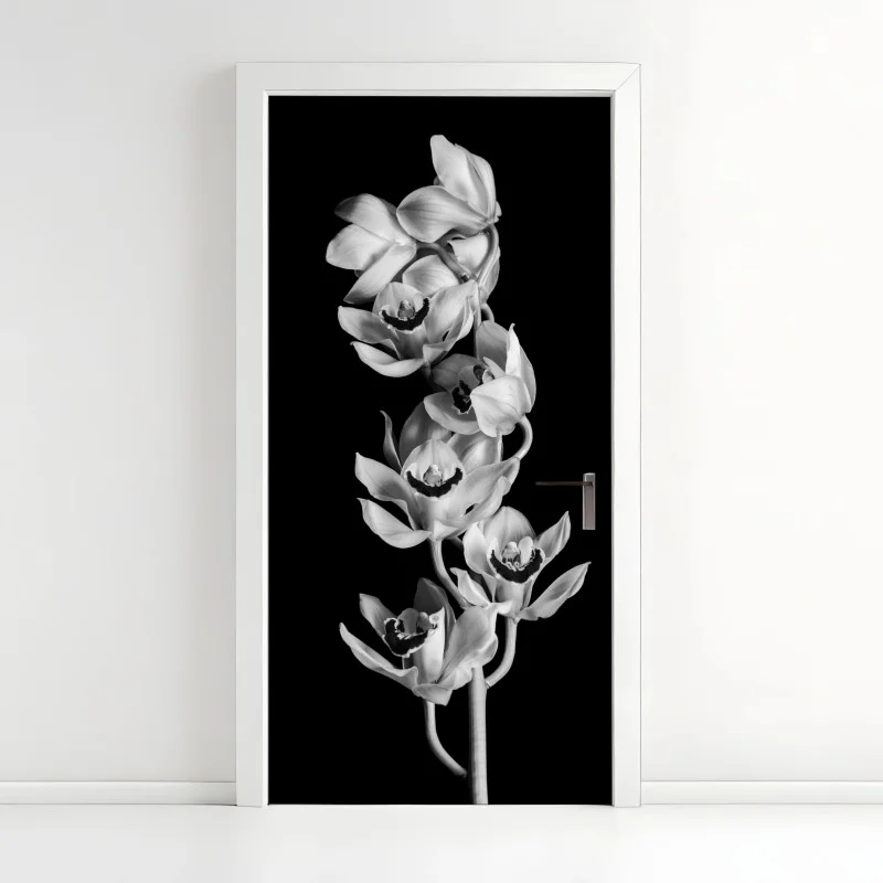 Adesivo per porta eleganza di orchidee in bianco e nero