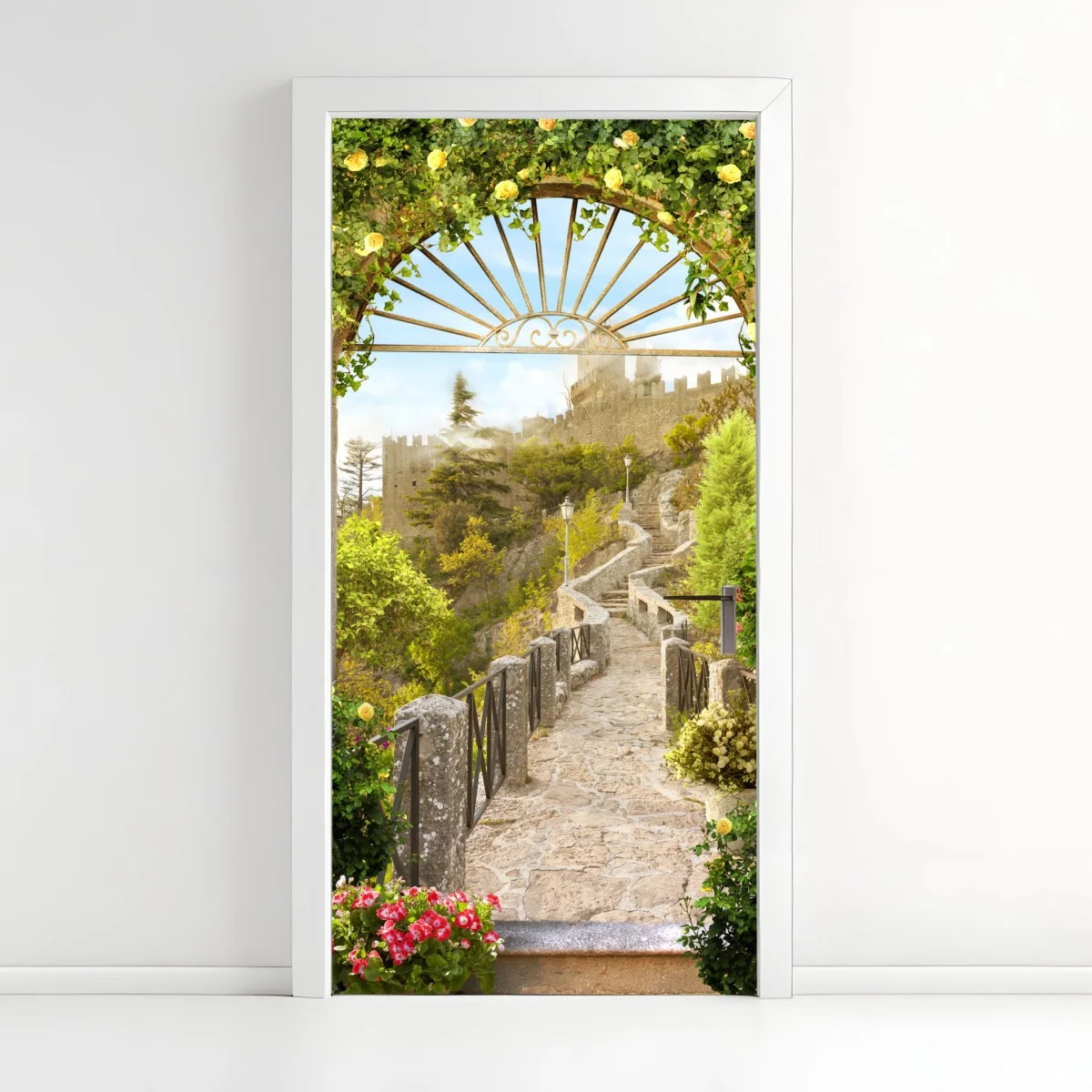 Adesivo per porta sentiero fiorito verso il castello • Wallissimo® Adesivo per porta sentiero fiorito verso il castello • Wallissimo®