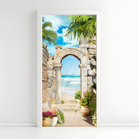 Adesivo per porta arco sul mare turchese • Wallissimo®