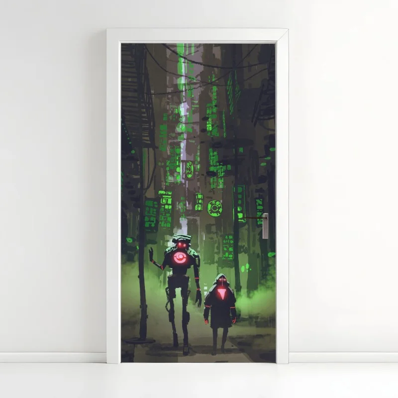 Adesivo per porta vagabondi al neon nel vicolo cyberpunk