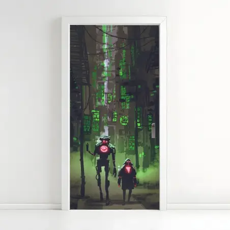 Adesivo per porta vagabondi al neon nel vicolo cyberpunk • Wallissimo®