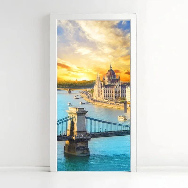 Adesivo per porta tramonto sul Danubio a Budapest