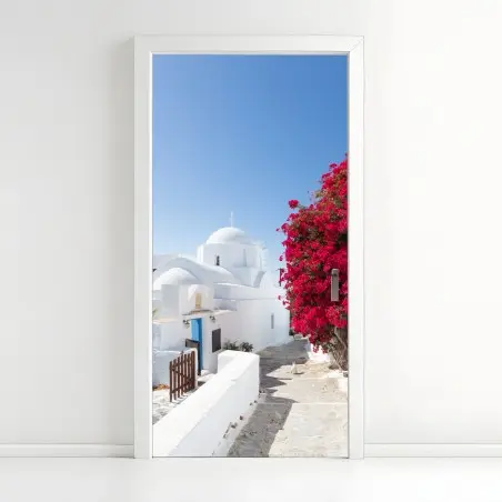Adesivo per porta scorcio mediterraneo fiorito • Wallissimo®