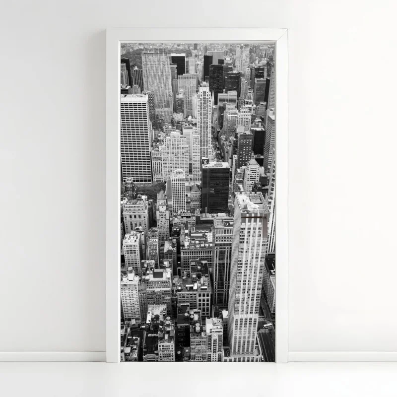 Adesivo per porta vista aerea di Manhattan in bianco e nero