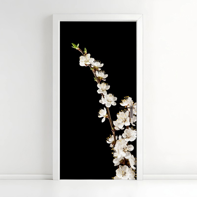 Adesivo per porta ramo di albicocco in fiore su sfondo nero