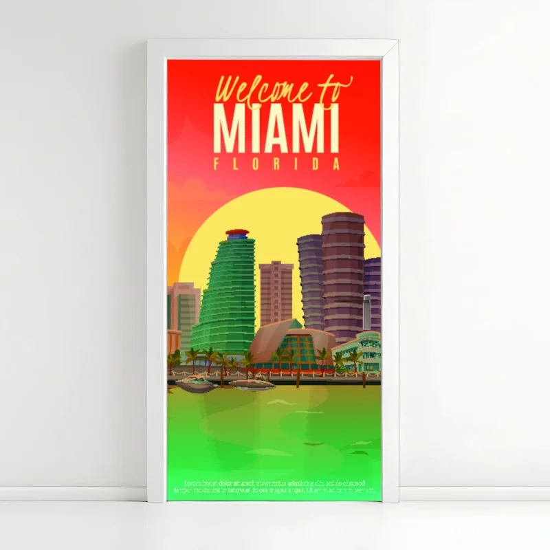 Adesivo per porta benvenuto a Miami: skyline al tramonto