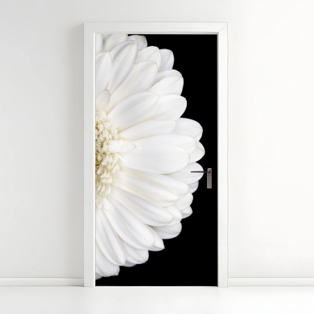 Adesivo per porta gerbera bianca su sfondo nero • Wallissimo®