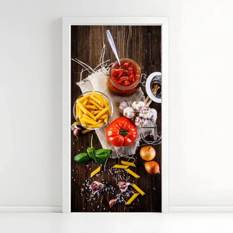 Adesivo per porta composizione rustica di ingredienti per la pasta