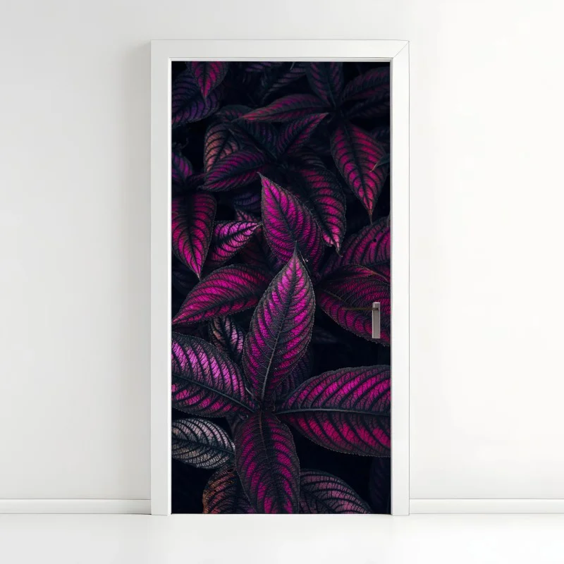 Adesivo per porta motivo botanico con foglie magenta