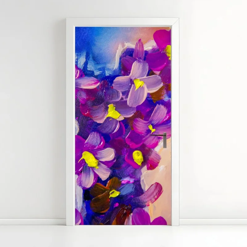 Adesivo per porta composizione floreale viola a pennellate