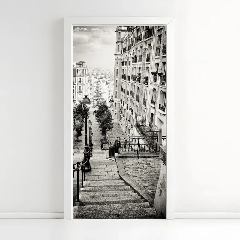Adesivo per porta scalinata di Parigi in bianco e nero