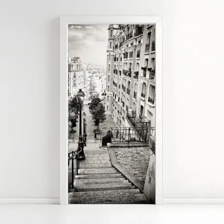 Adesivo per porta scalinata di Parigi in bianco e nero • Wallissimo®
