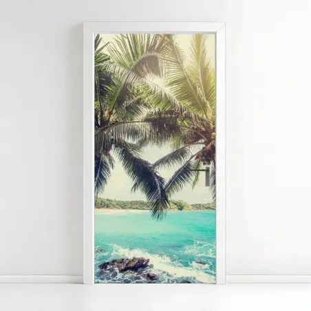 Adesivo per porta sogno tropicale palme e mare turchese • Wallissimo®