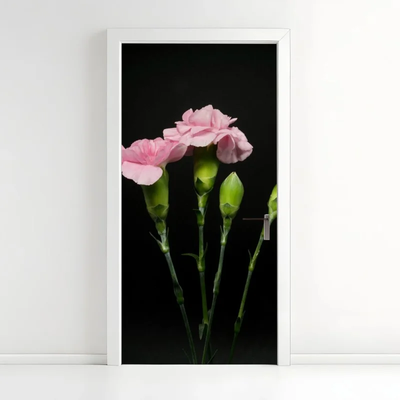 Adesivo per porta garofani rosa su sfondo nero