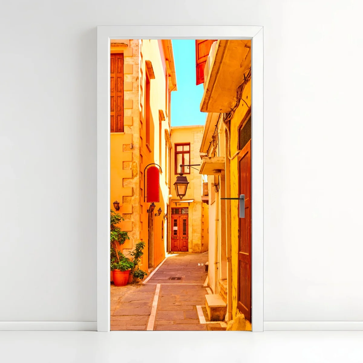 Adesivo per porta vicolo soleggiato di Rethymno • Wallissimo® Adesivo per porta vicolo soleggiato di Rethymno • Wallissimo®