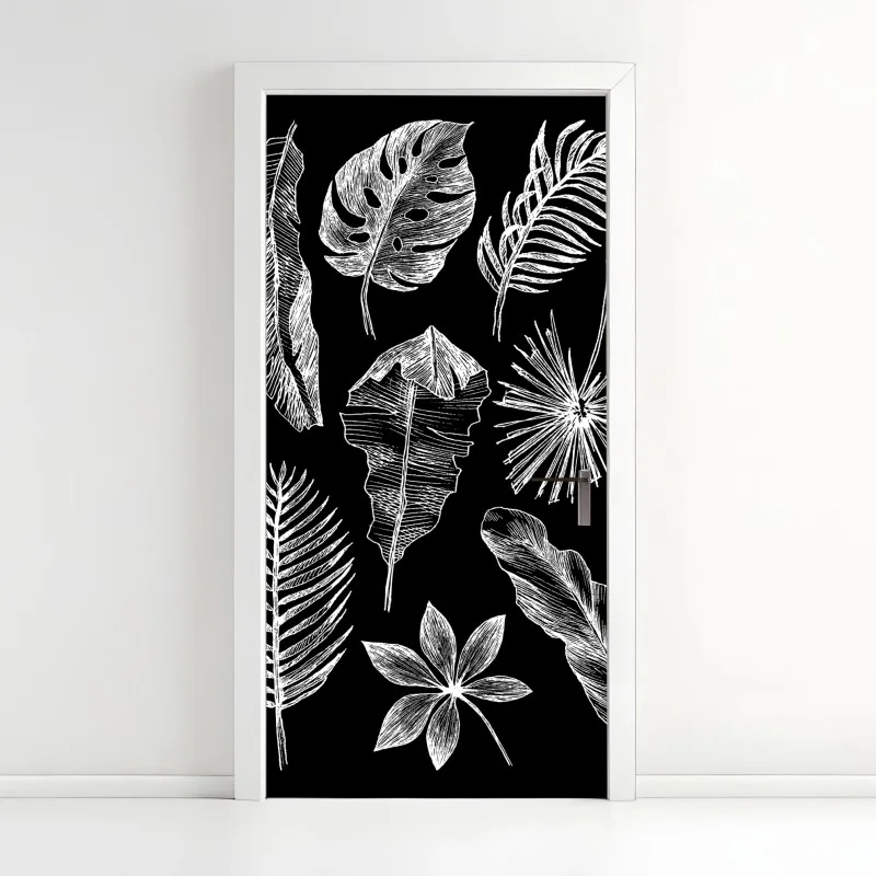Adesivo per porta fogliame tropicale a gessetto su sfondo nero