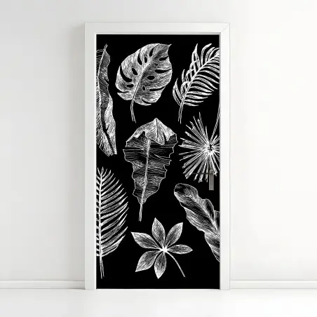 Adesivo per porta fogliame tropicale a gessetto su sfondo nero • Wallissimo®