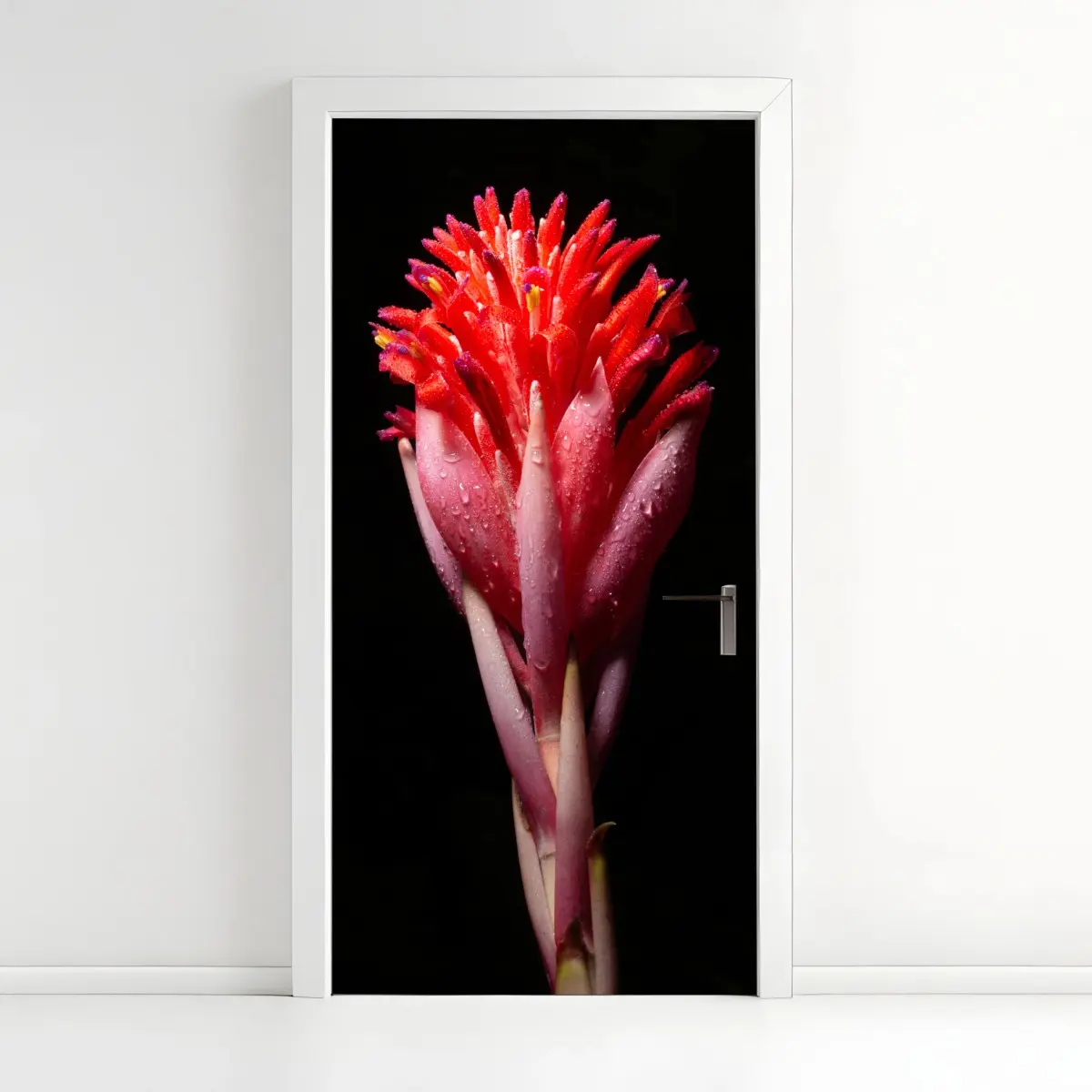 Adesivo per porta fioritura tropicale su sfondo nero • Wallissimo®