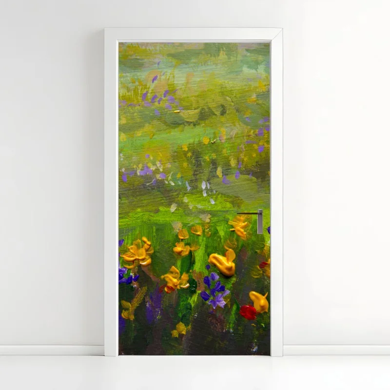 Adesivo per porta campo impressionista di fiori viola e dorati