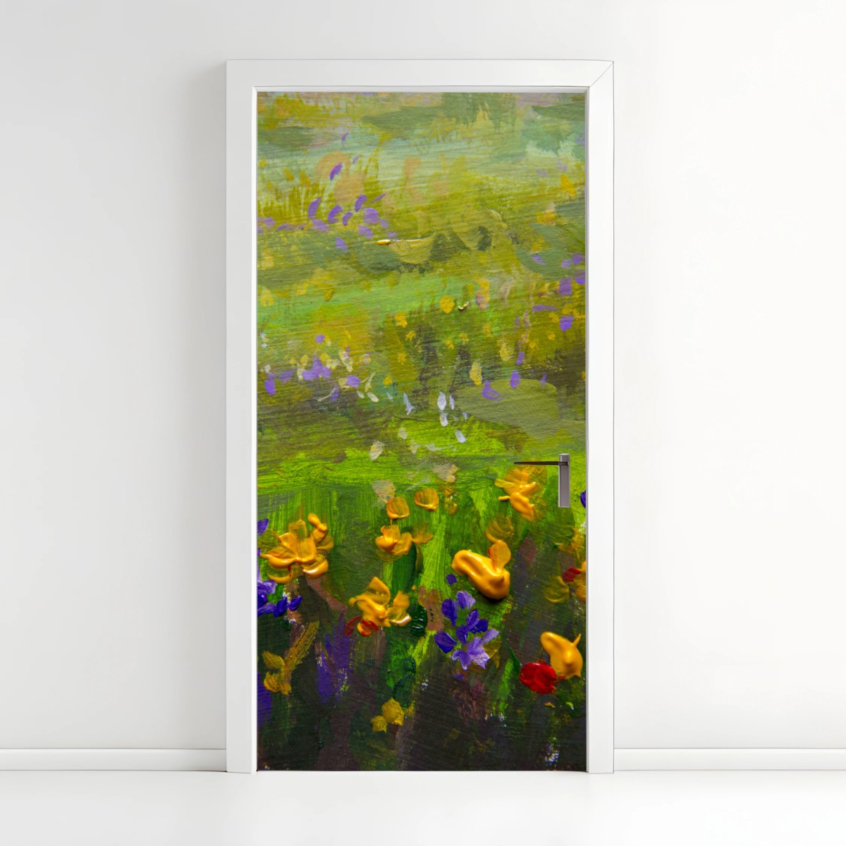 Adesivo per porta campo impressionista di fiori viola e dorati • Wallissimo®
