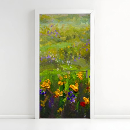 Adesivo per porta campo impressionista di fiori viola e dorati • Wallissimo®