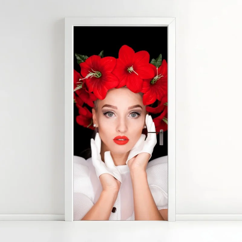 Adesivo per porta ritratto floreale: eleganza in rosso e bianco
