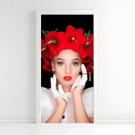 Adesivo per porta ritratto floreale: eleganza in rosso e bianco • Wallissimo®