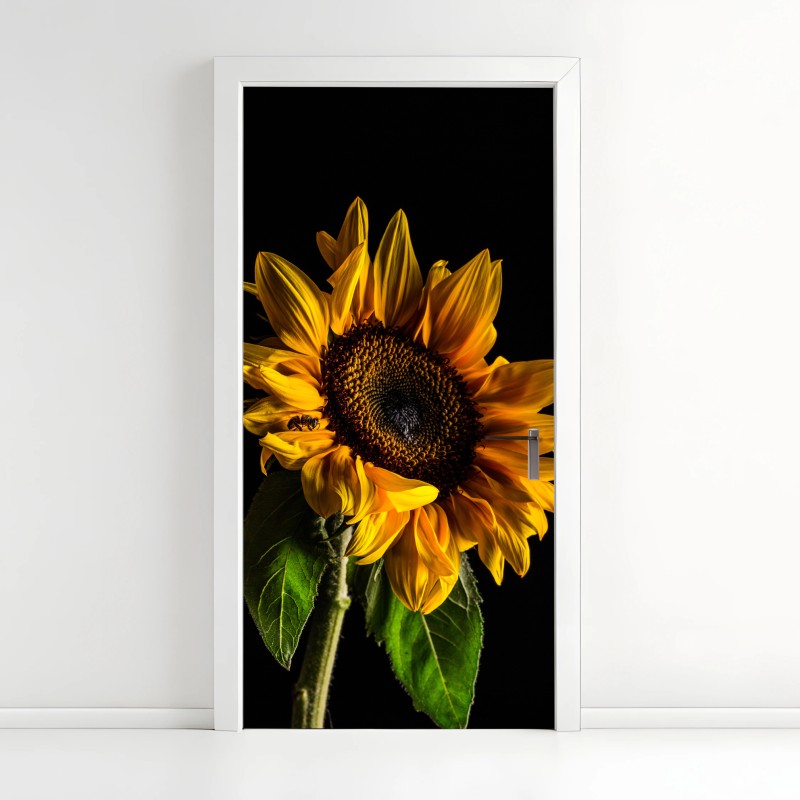 Adesivo per porta girasole dorato su sfondo nero