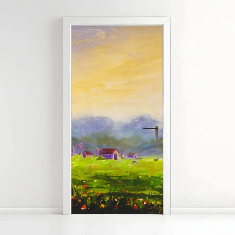 Adesivo per porta alba estiva in campagna