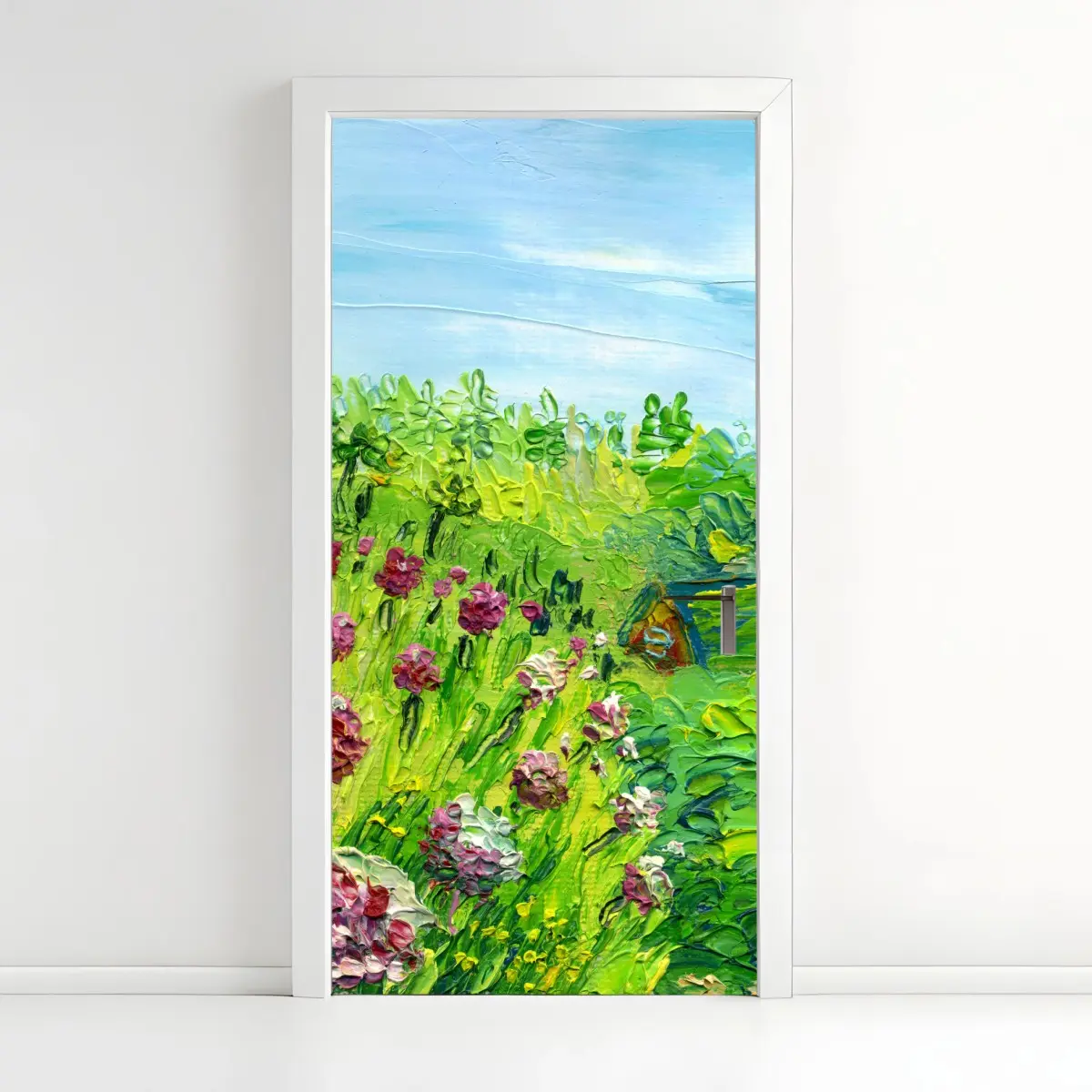 Adesivo per porta campo di peonie in fiore su sfondo primaverile • Wallissimo®