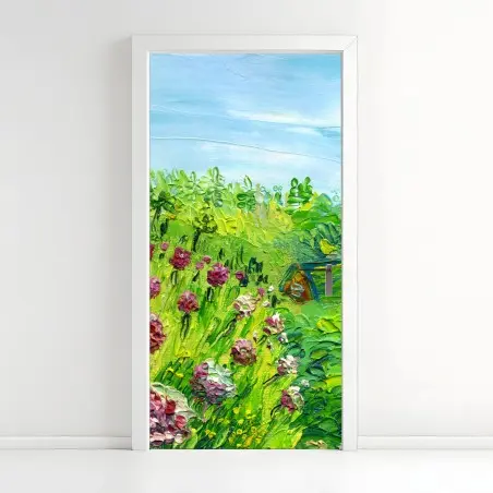 Adesivo per porta campo di peonie in fiore su sfondo primaverile • Wallissimo®