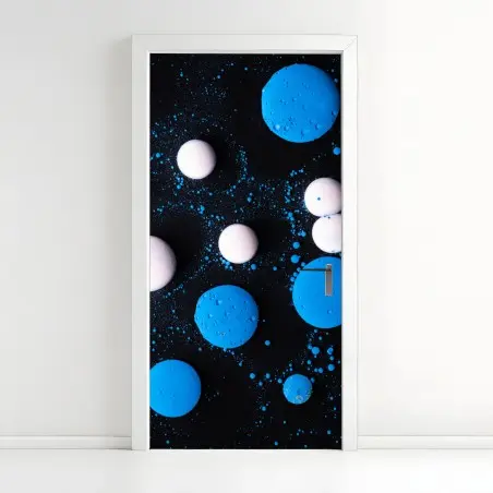 Adesivo per porta motivo astratto blu e bianco a bolle • Wallissimo®