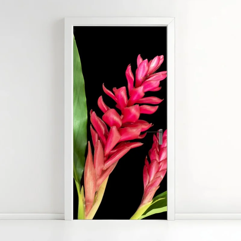 Adesivo per porta fioritura tropicale rossa su sfondo nero