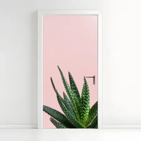 Adesivo per porta aloe su sfondo rosa minimalista • Wallissimo®