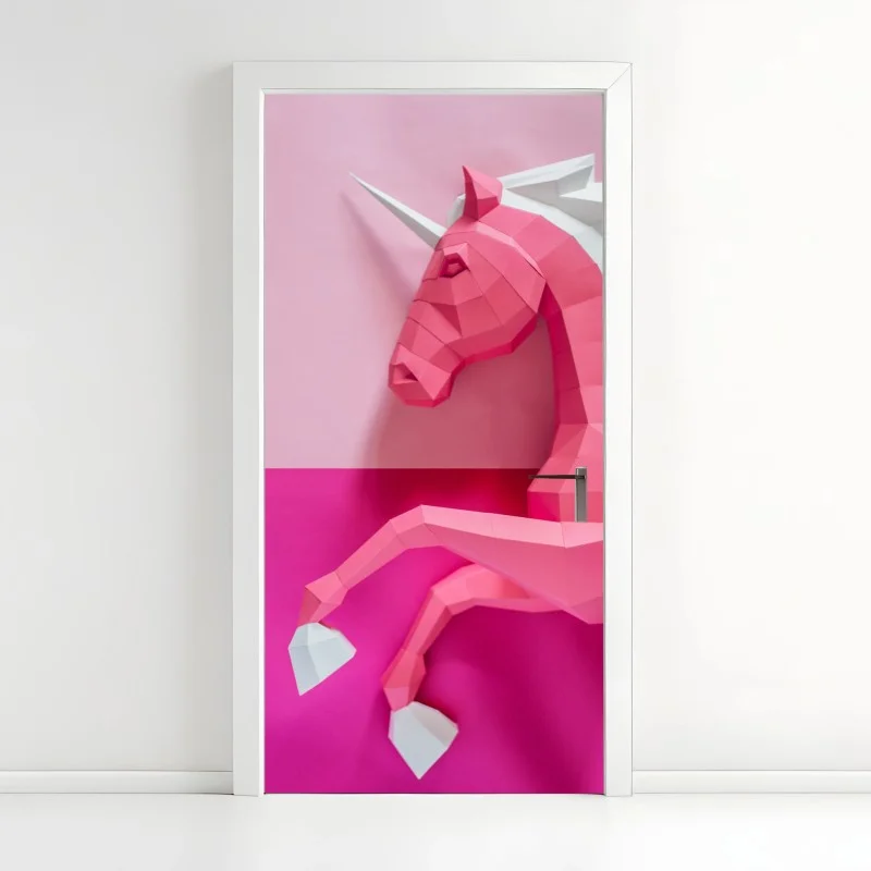 Adesivo per porta unicorno geometrico rosa su sfondo bicolore